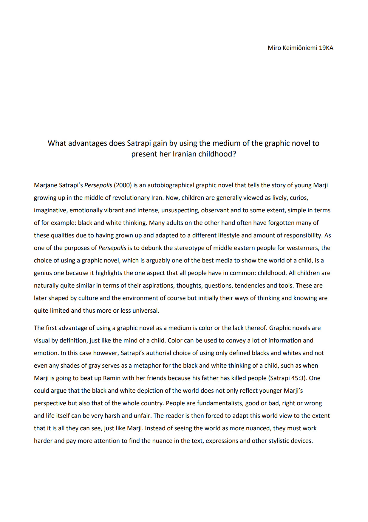 Advantages of a Graphic Novel in Depicting Childhood in Persepolis