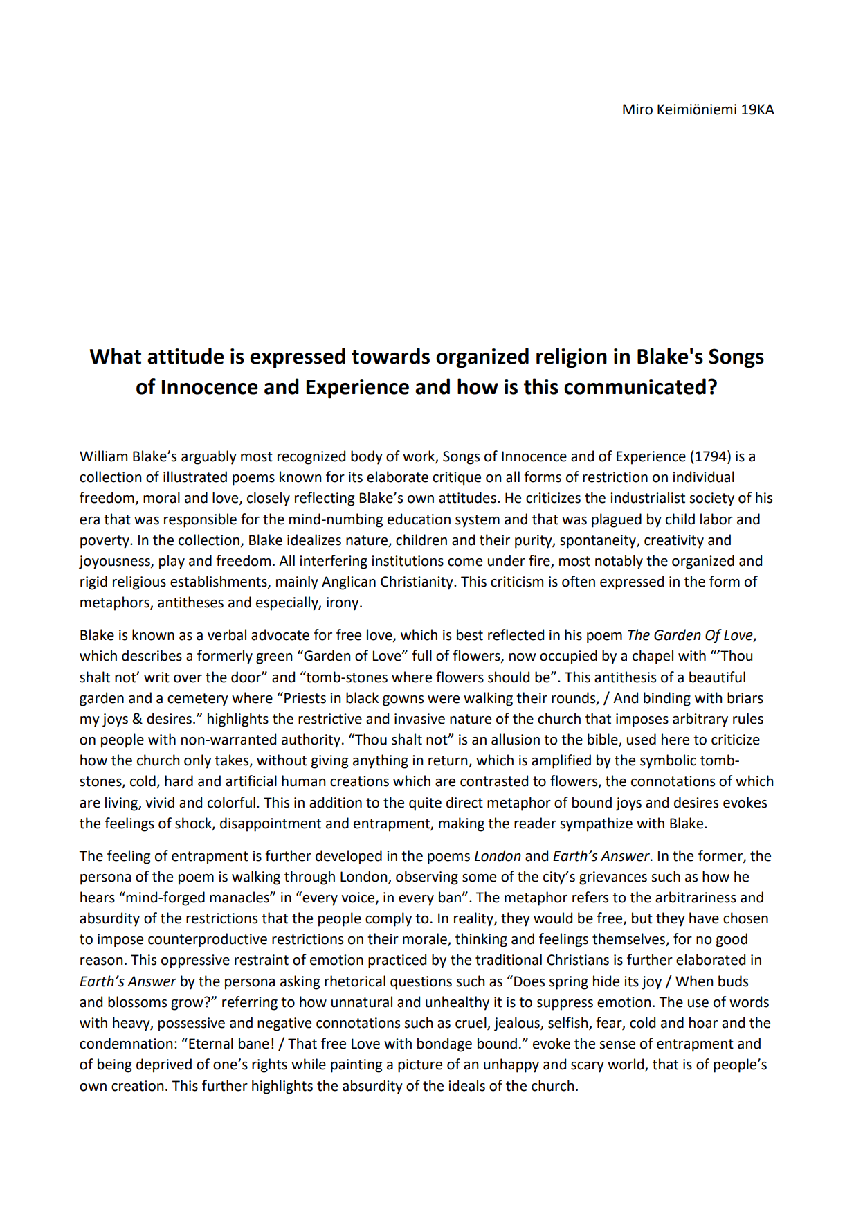 The Attitude Expressed Towards Organized Religion in William Blake's Songs of Innocence and Experience