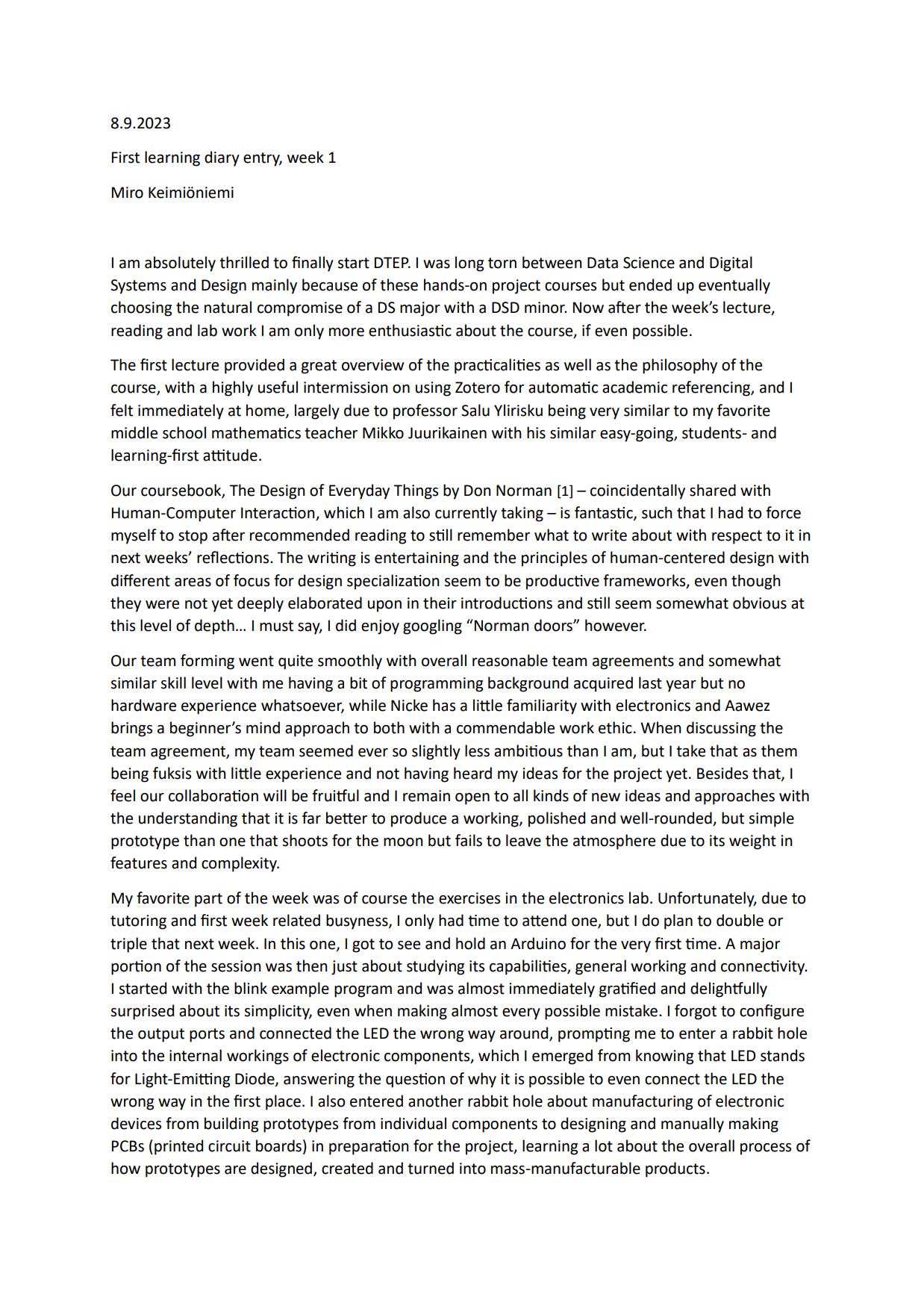 Design Thinking and Electronic Prototyping Learning Diary