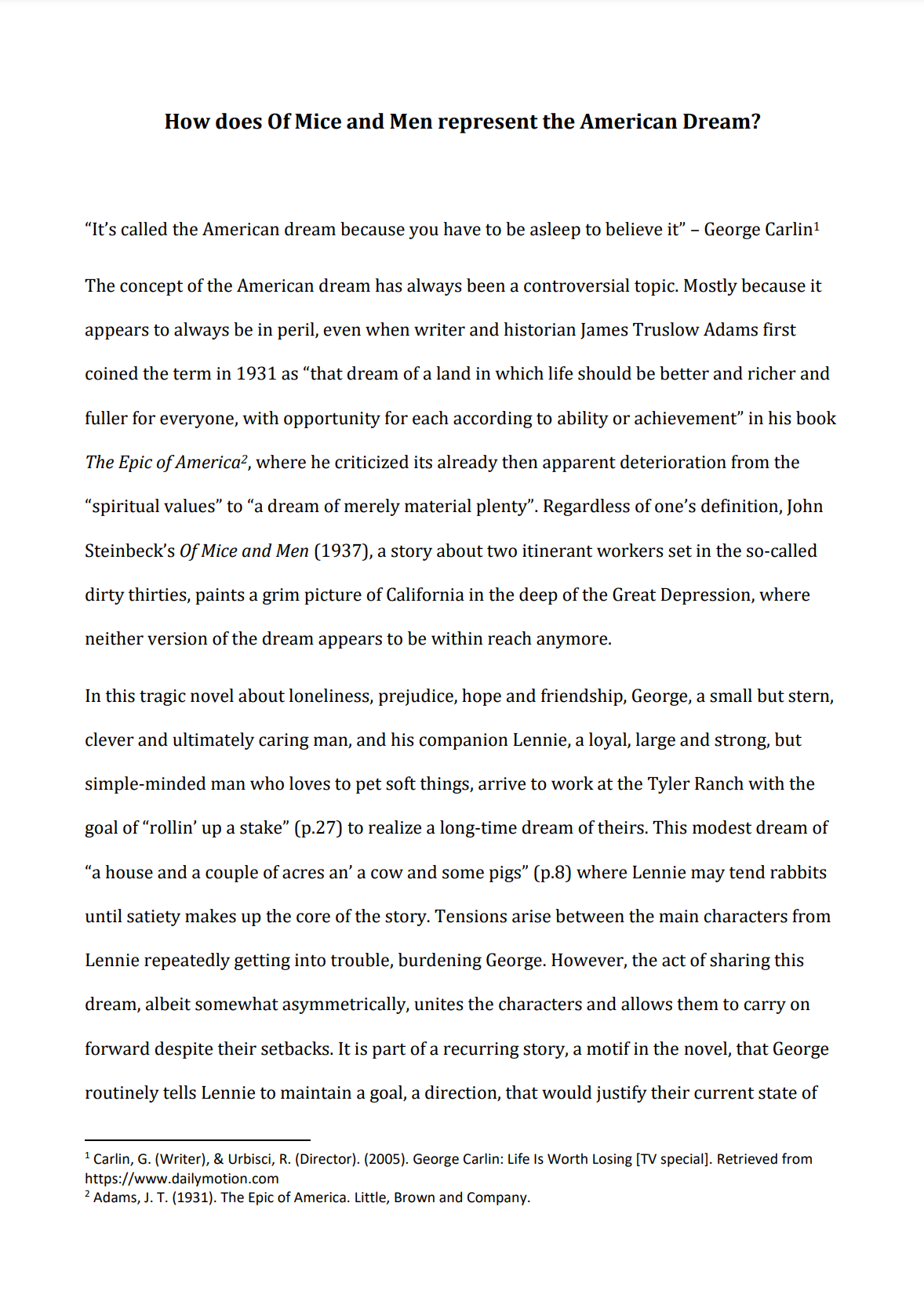 English HL Essay – How does Of Mice and Men represent the American Dream?