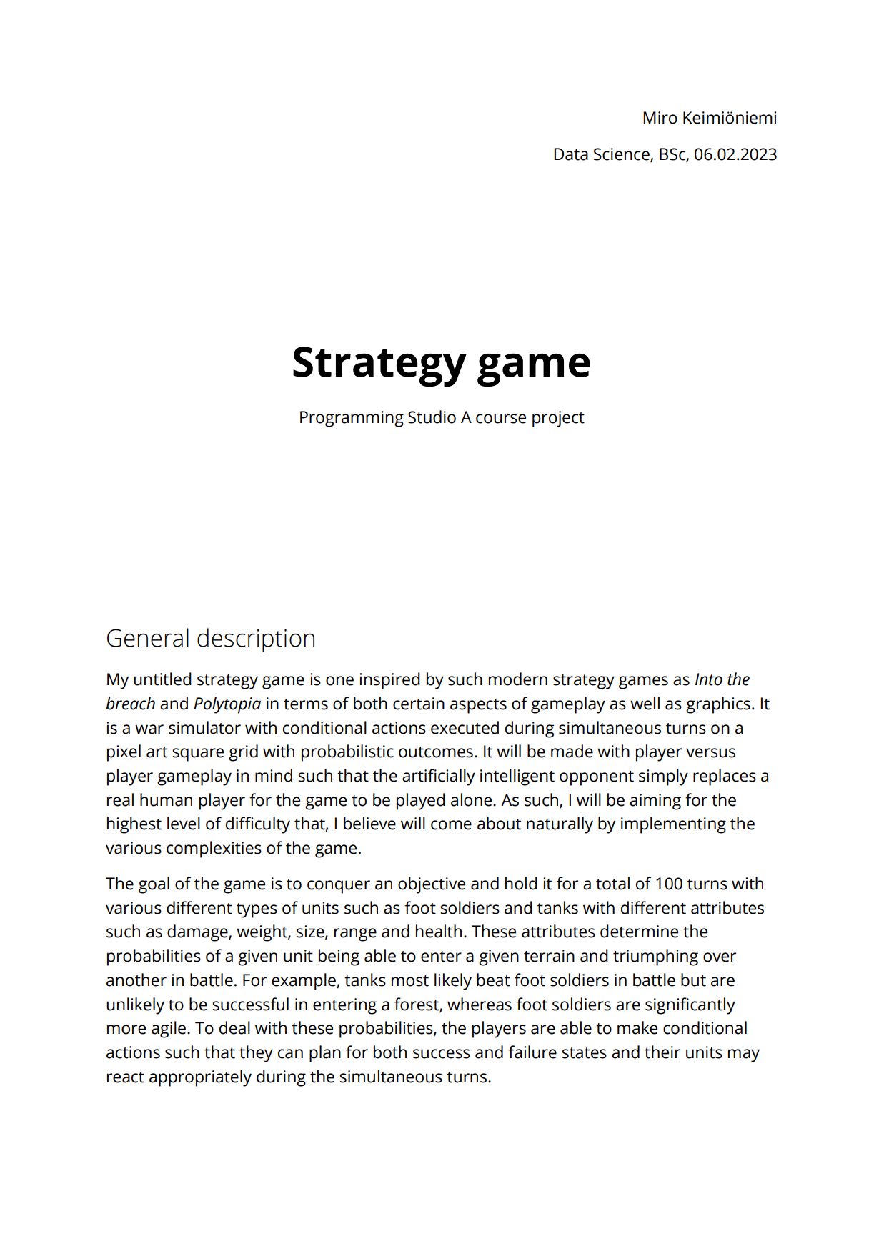 Probabilistic Strategy Game General Plan document