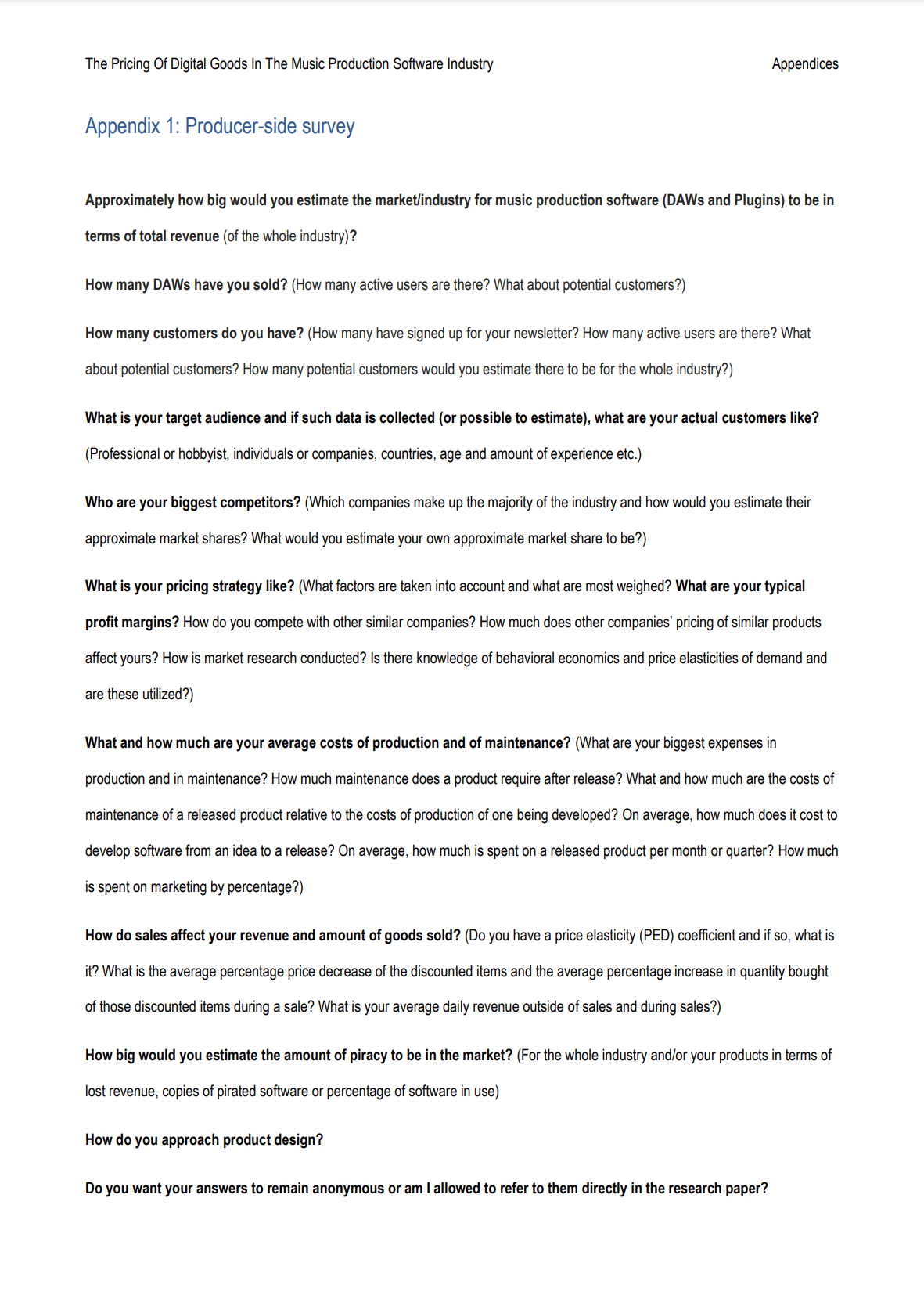 The Pricing Of Digital Goods In The Music Production Software Industry – Appendices document