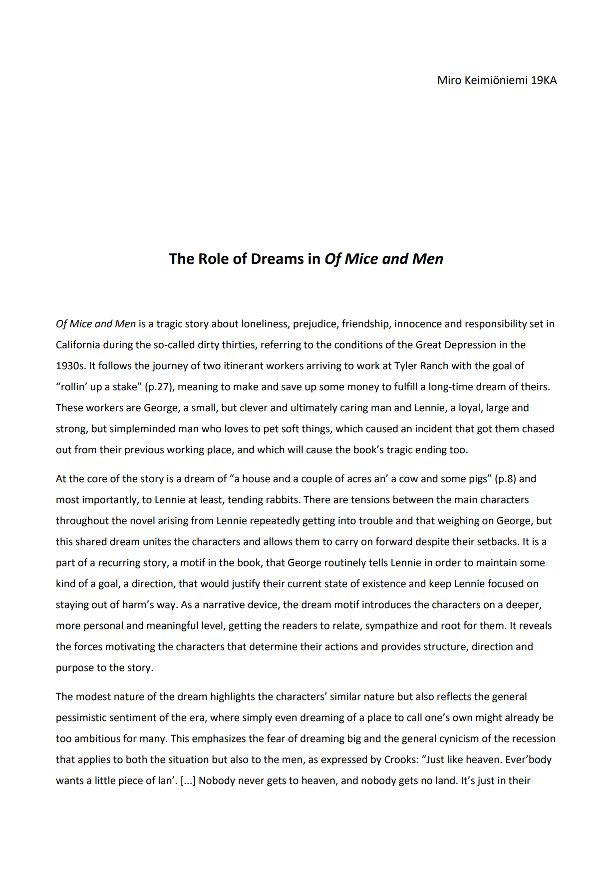 The Role of Dreams in Of Mice and Men