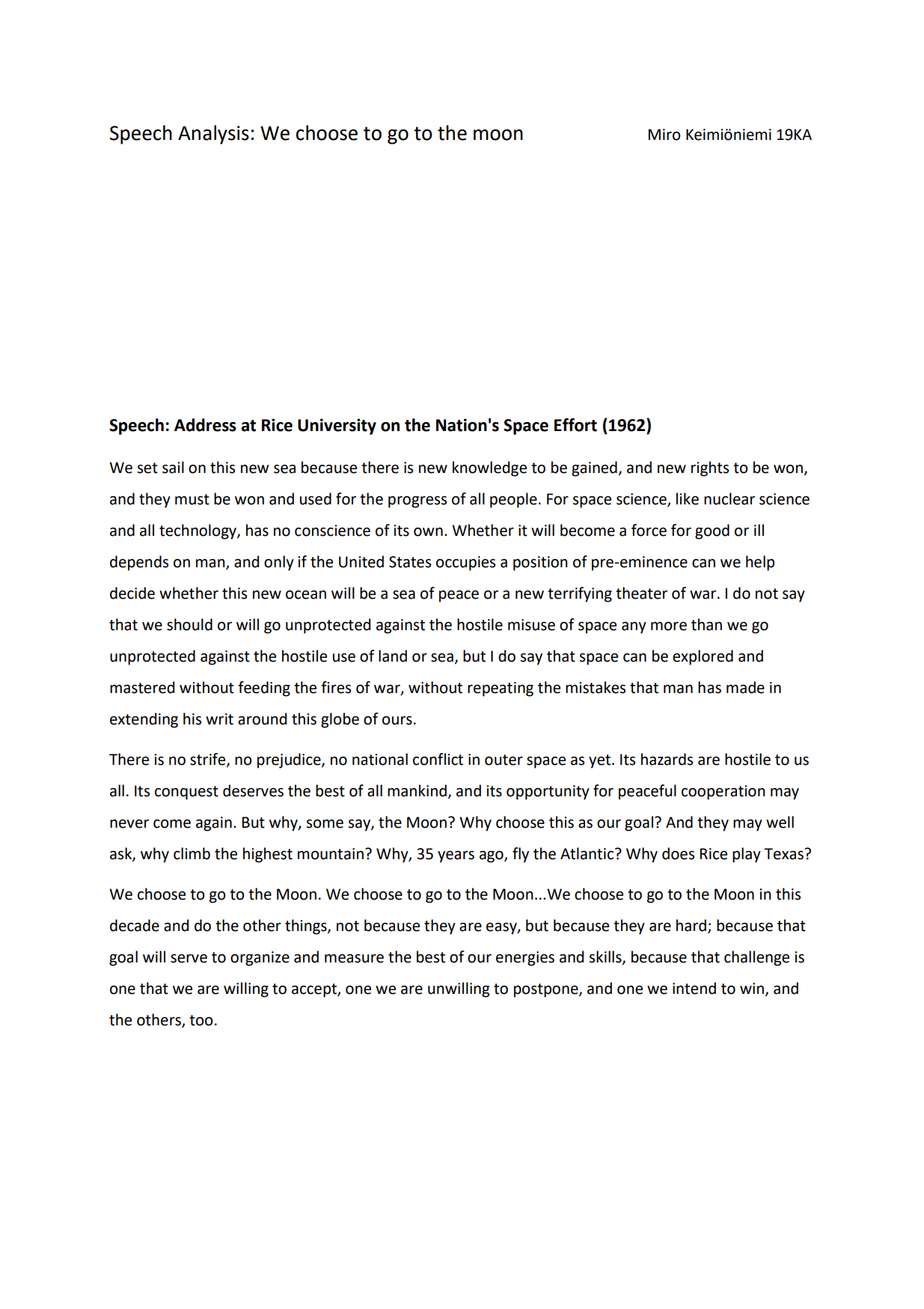 We choose to go to the moon - Speech Analysis